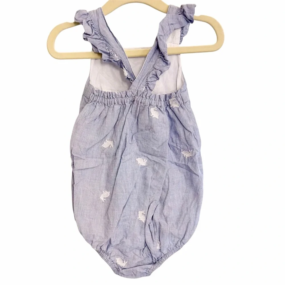 Baby Boden Bunny Bubble Romper, Cotton Blue White Rabbit Embroidered Girl Spring